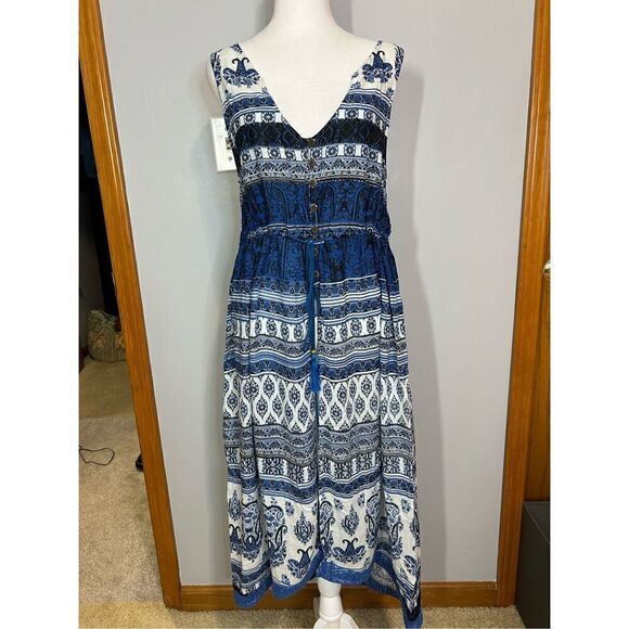 🆕 RAGA‎ Anthropologie Caravan open front dress boho navy blue size M BIN P - Picture 1 of 9
